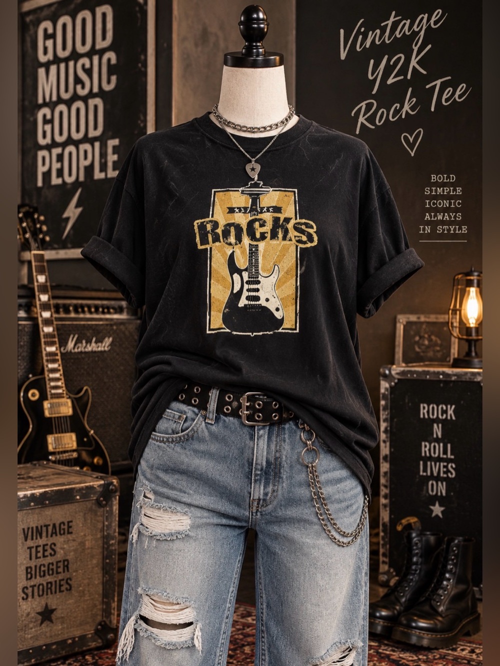 Gildan retro Y2K - Seattle Rocks /Space Needle & Guitar Tee with Gold Accent -L